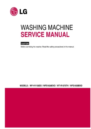 Lg wfs1638ekd service manual cover with LG logo, service website path, washer model codes and service caution notice