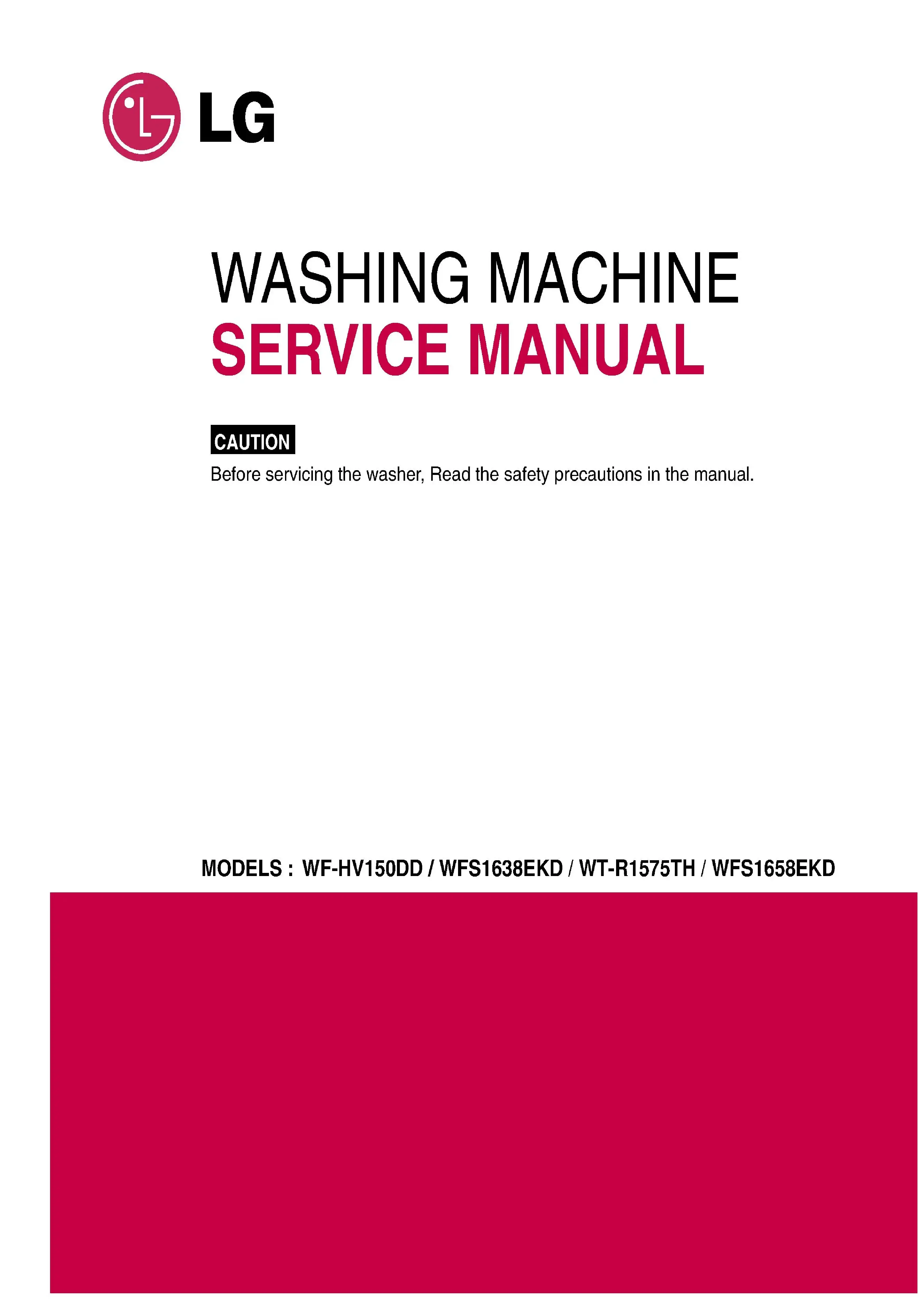 Lg wfs1638ekd service manual cover with LG logo, service website path, washer model codes and service caution notice