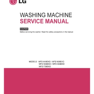 Lg wfs1738ekd service manual cover with LG logo, service website path, washer model codes and service caution notice