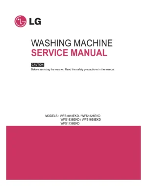 Lg wfs1738ekd service manual cover with LG logo, service website path, washer model codes and service caution notice