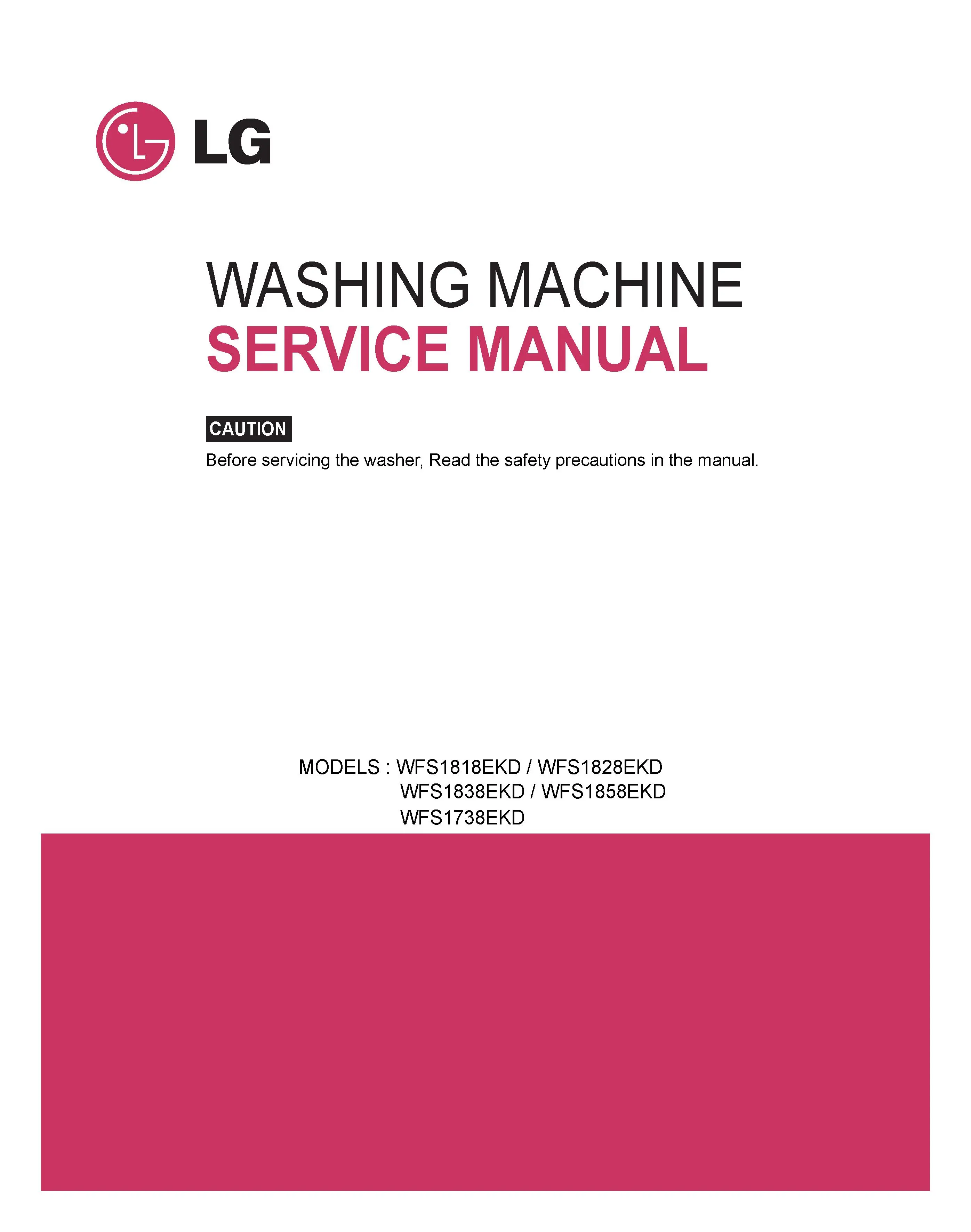 Lg wfs1738ekd service manual cover with LG logo, service website path, washer model codes and service caution notice