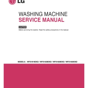 Lg wfs1828ekd service manual cover with LG logo, service website path, washer model codes and service caution notice