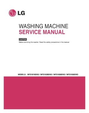 Lg wfs1828ekd service manual cover with LG logo, service website path, washer model codes and service caution notice