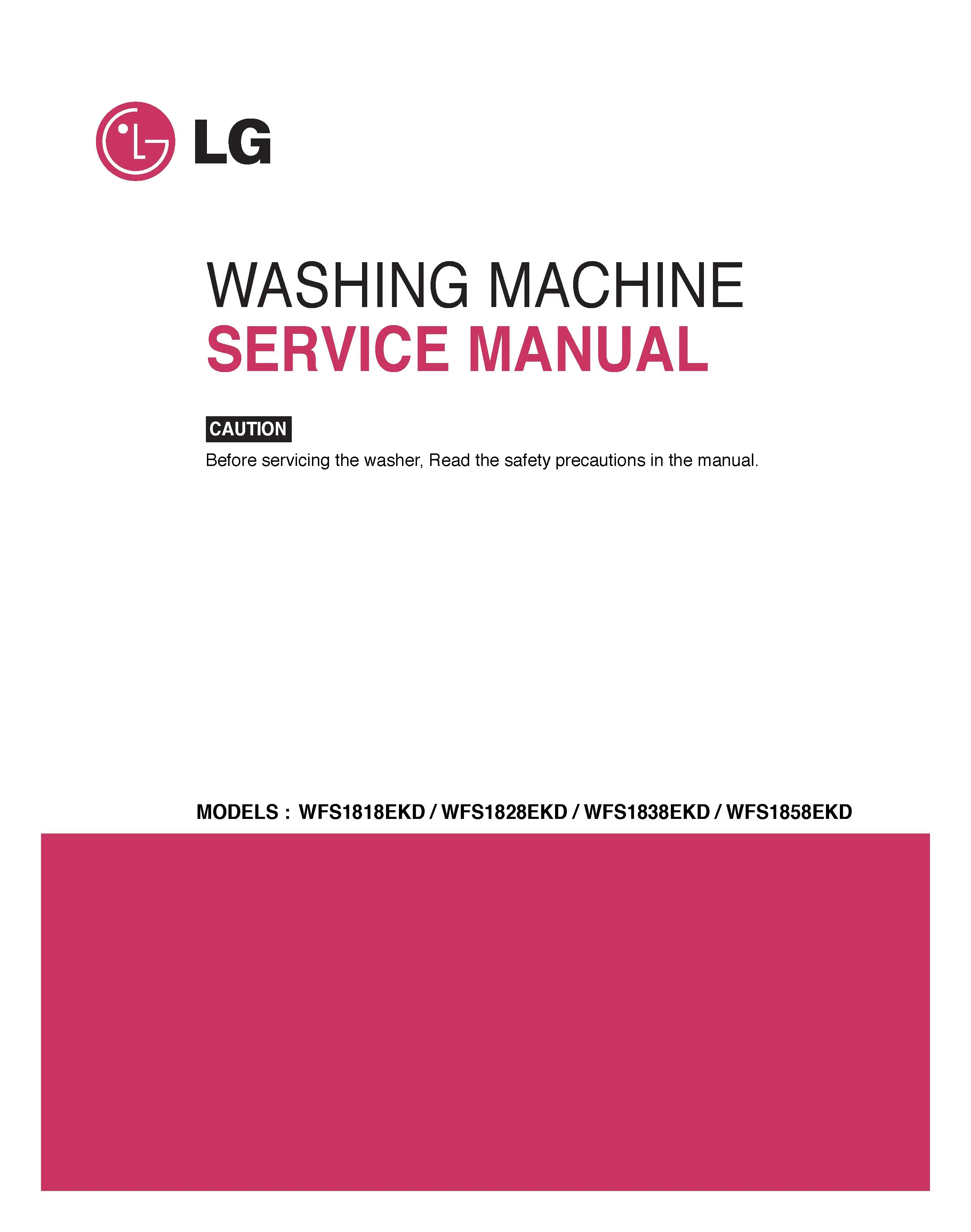 Lg wfs1828ekd service manual cover with LG logo, service website path, washer model codes and service caution notice