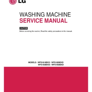 Lg wfs1838ekd service manual cover with LG logo, service website path, washer model codes and service caution notice