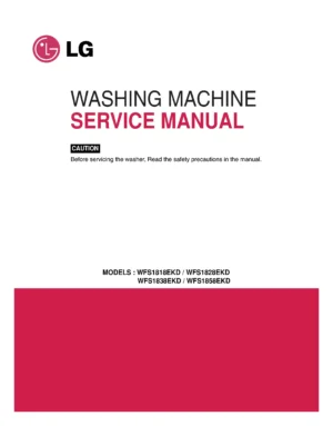 Lg wfs1838ekd service manual cover with LG logo, service website path, washer model codes and service caution notice