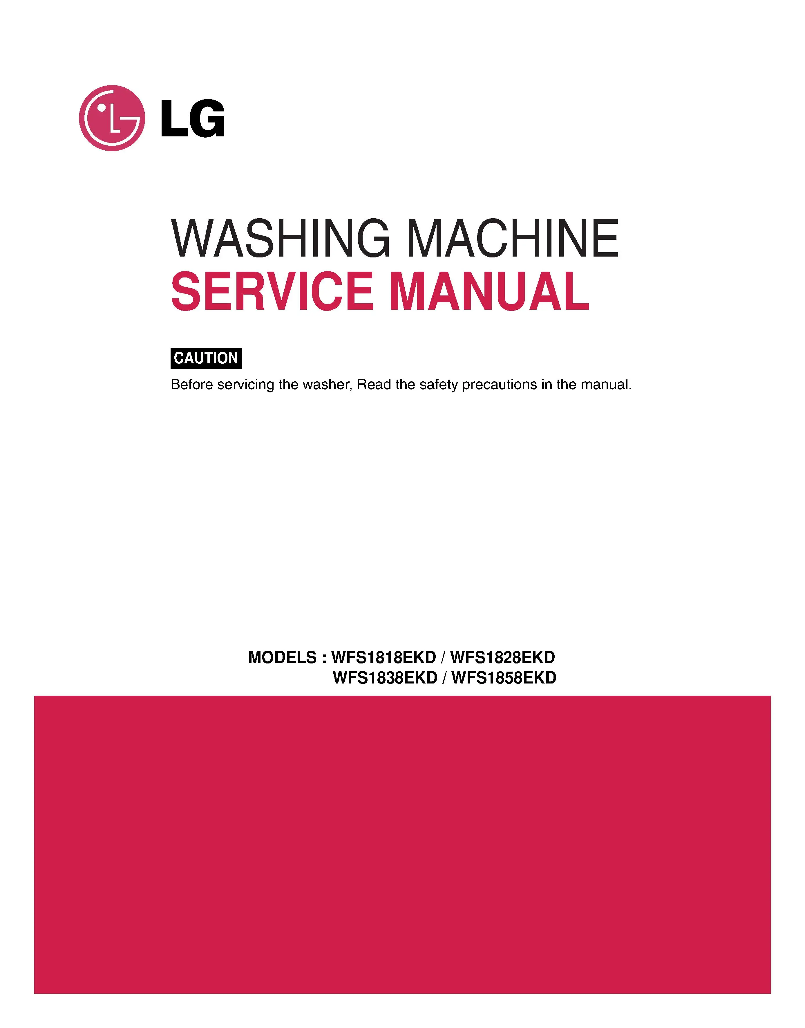 Lg wfs1838ekd service manual cover with LG logo, service website path, washer model codes and service caution notice