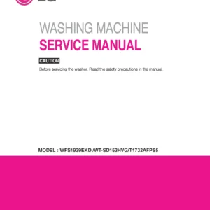 Lg wfs1939ekd service manual cover with LG logo, service website path, washer model codes and service caution notice