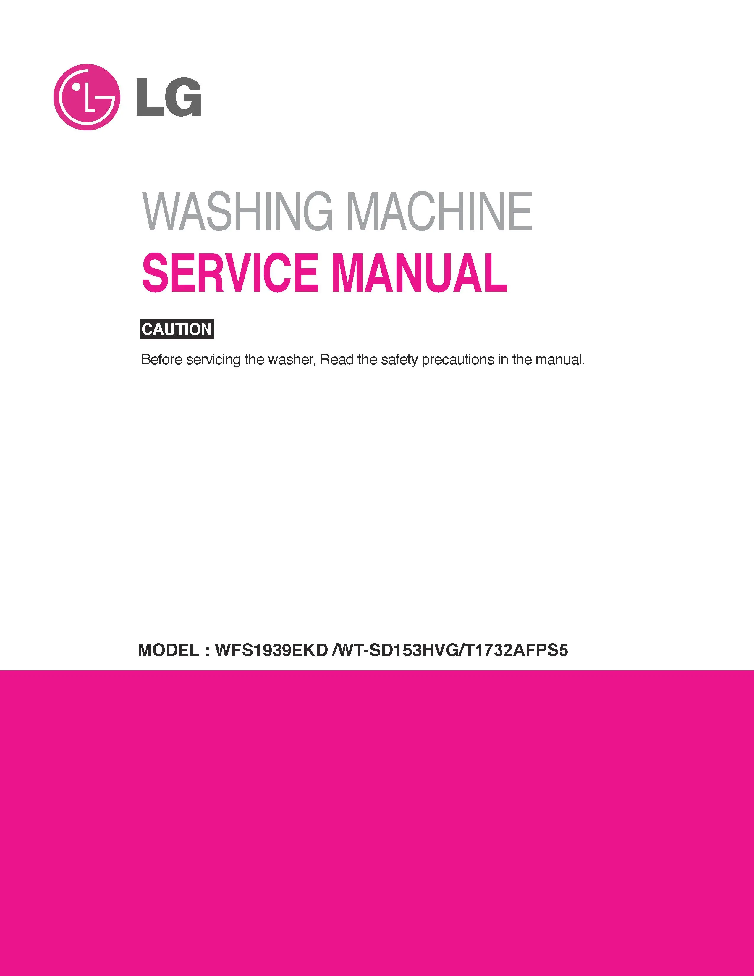 Lg wfs1939ekd service manual cover with LG logo, service website path, washer model codes and service caution notice