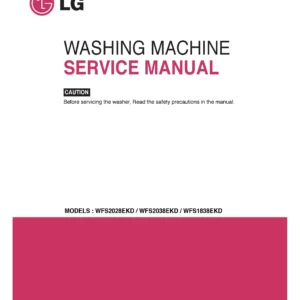 Lg wfs2018ekd service manual cover with LG logo, service website path, washer model codes and service caution notice