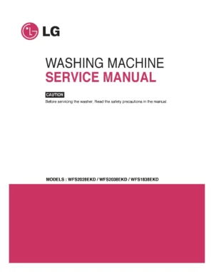 Lg wfs2018ekd service manual cover with LG logo, service website path, washer model codes and service caution notice