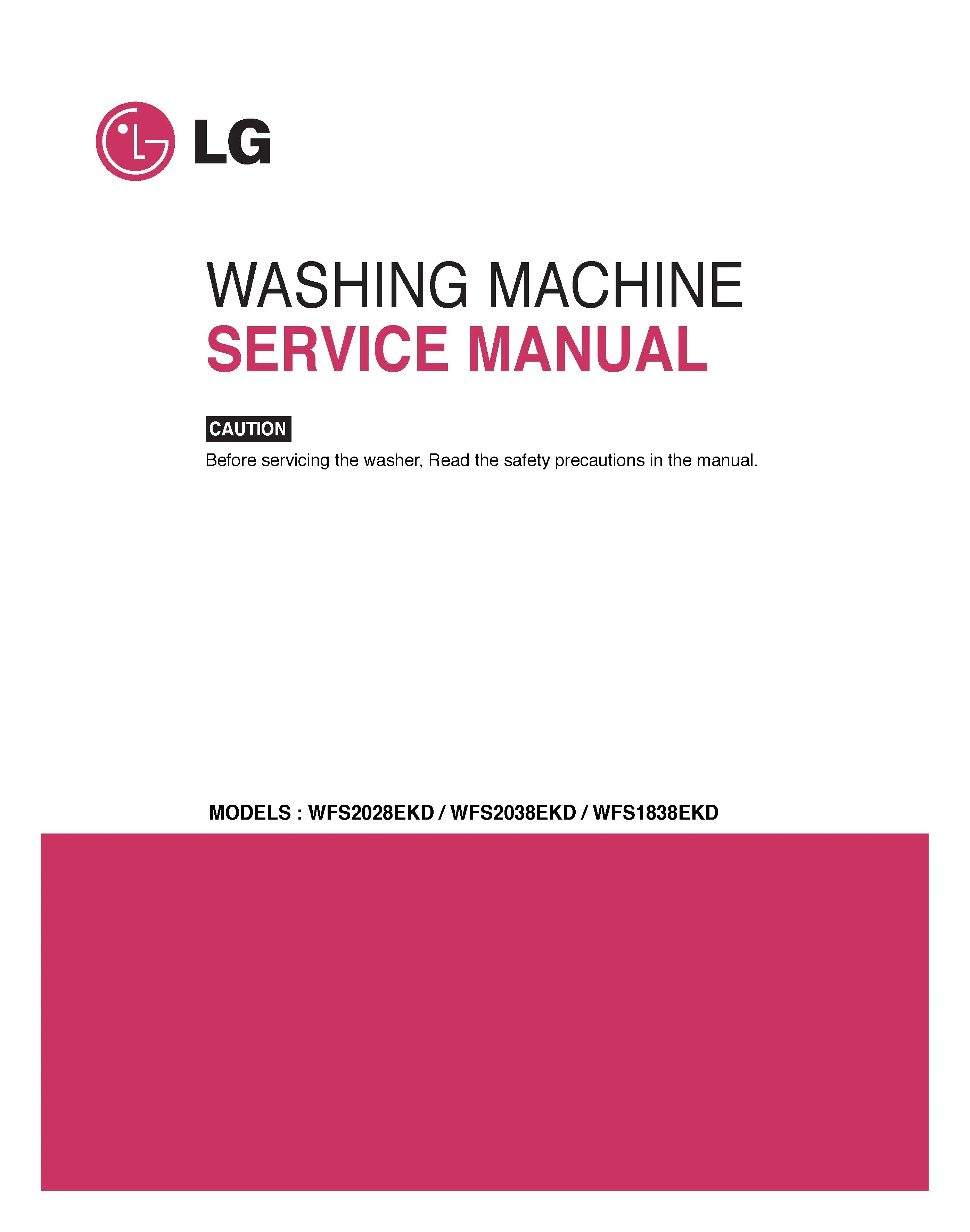 Lg wfs2038ekd service manual cover with LG logo, service website path, washer model codes and service caution notice