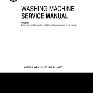 Lg wfsl1332et service manual cover with LG logo, service website path, washer model codes and service caution notice