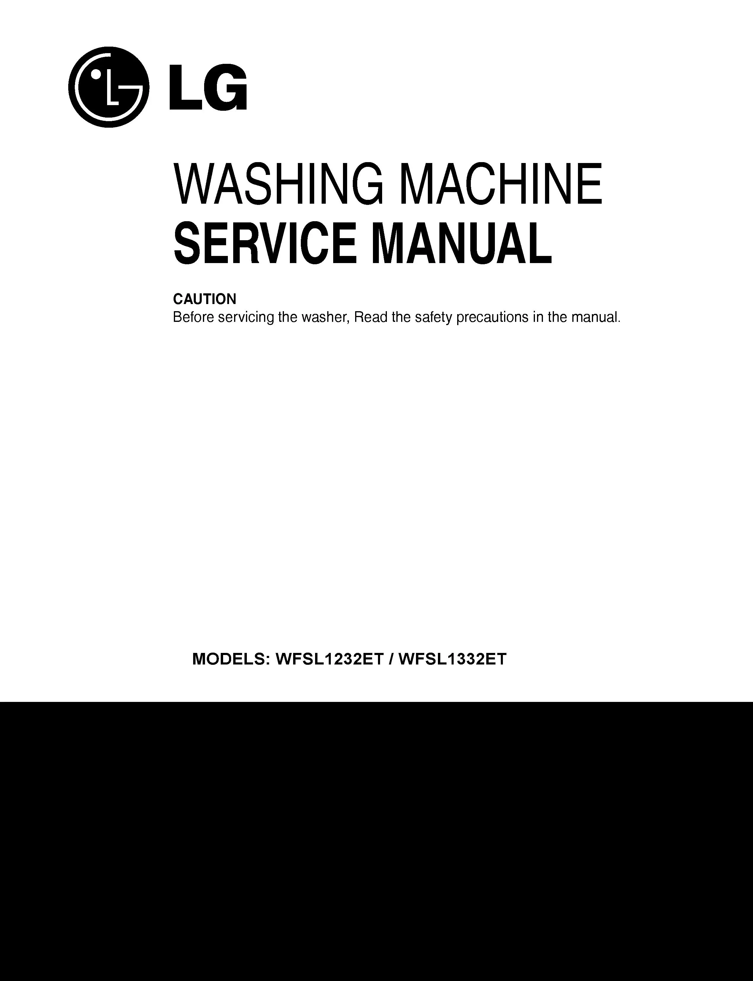 Lg wfsl1332et service manual cover with LG logo, service website path, washer model codes and service caution notice