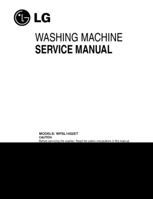 Lg wfsl1432et service manual cover with LG logo, service website path, washer model codes and service caution notice