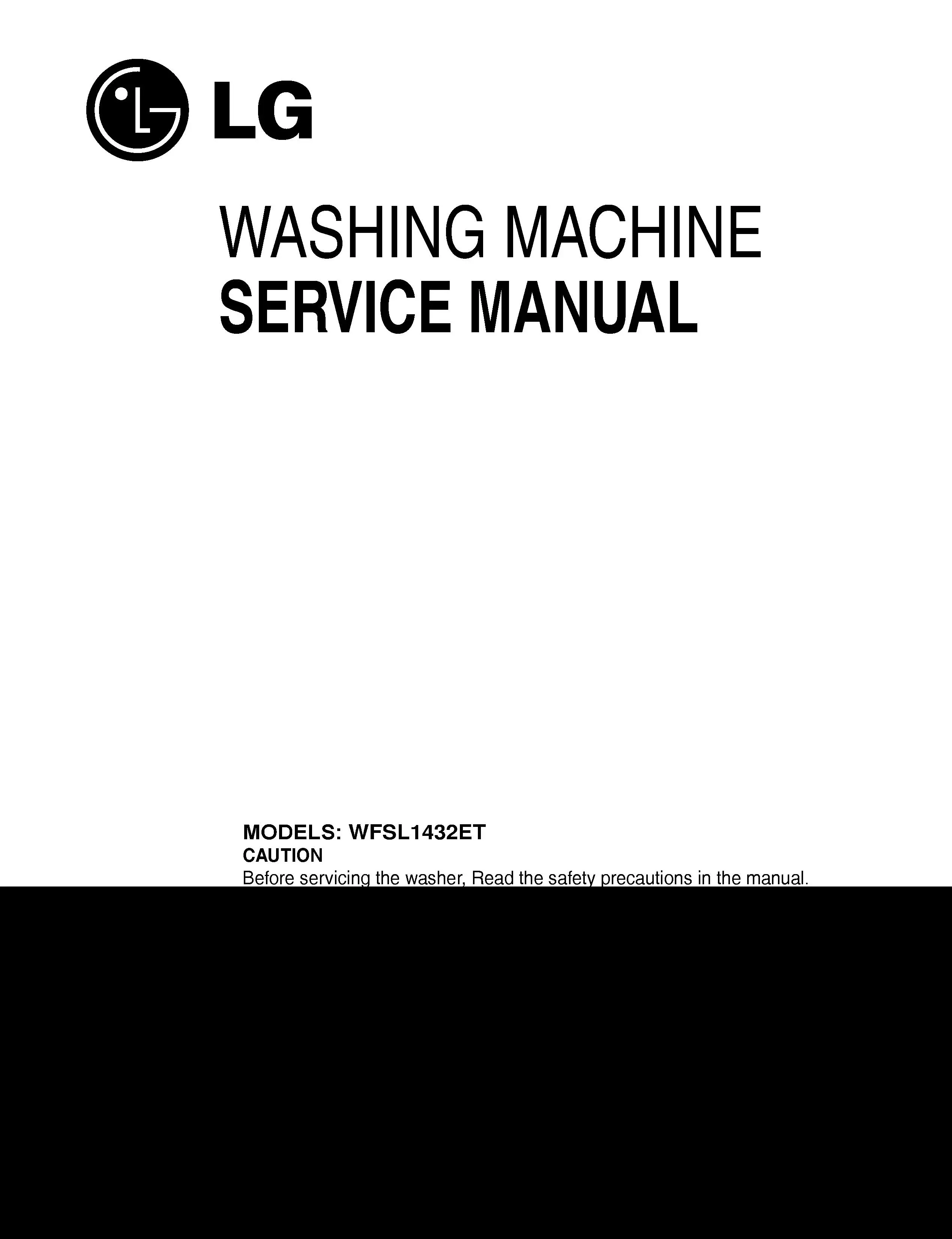 Lg wfsl1432et service manual cover with LG logo, service website path, washer model codes and service caution notice