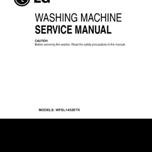 Lg wfsl1432etk service manual cover with LG logo, service website path, washer model codes and service caution notice