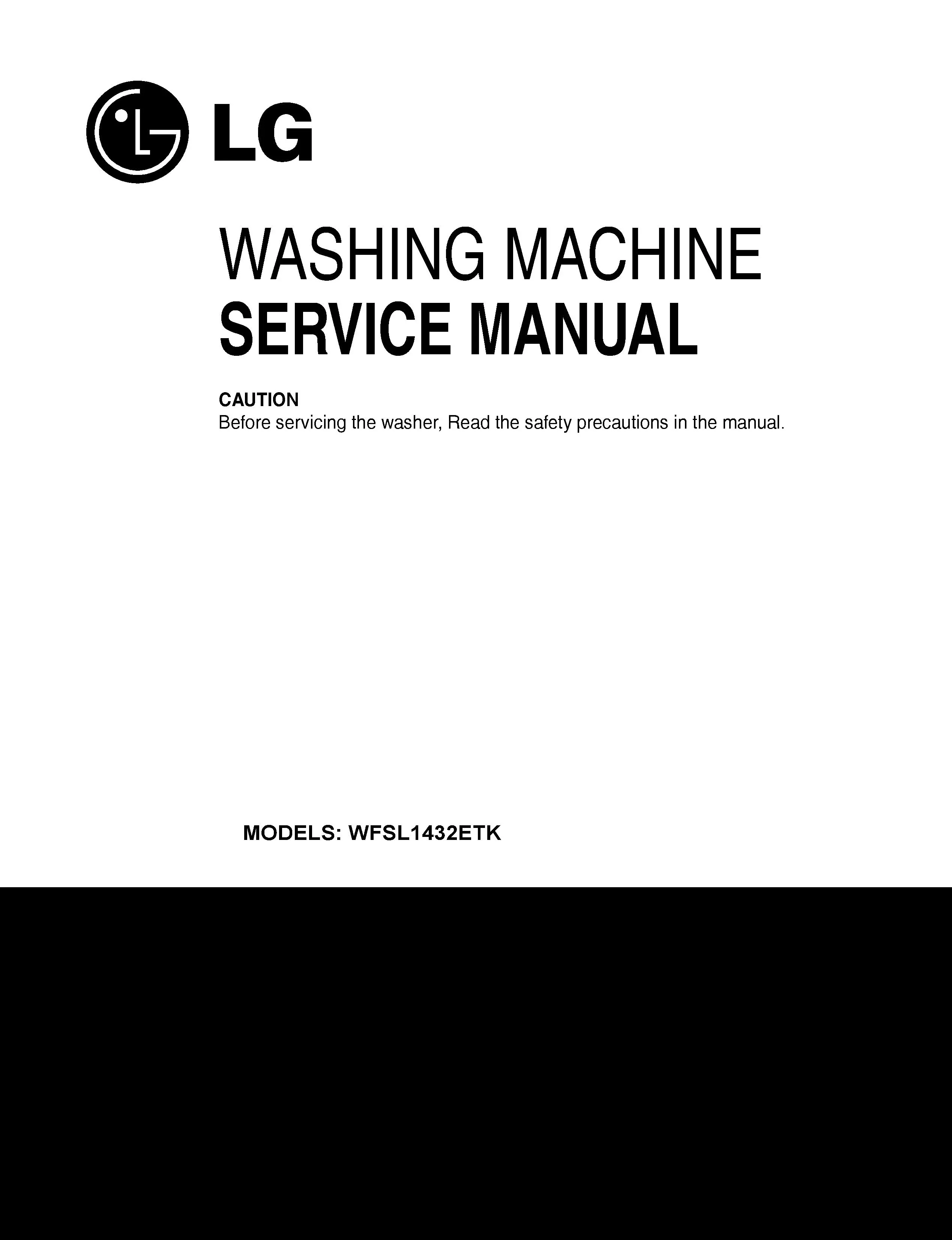 Lg wfsl1432etk service manual cover with LG logo, service website path, washer model codes and service caution notice