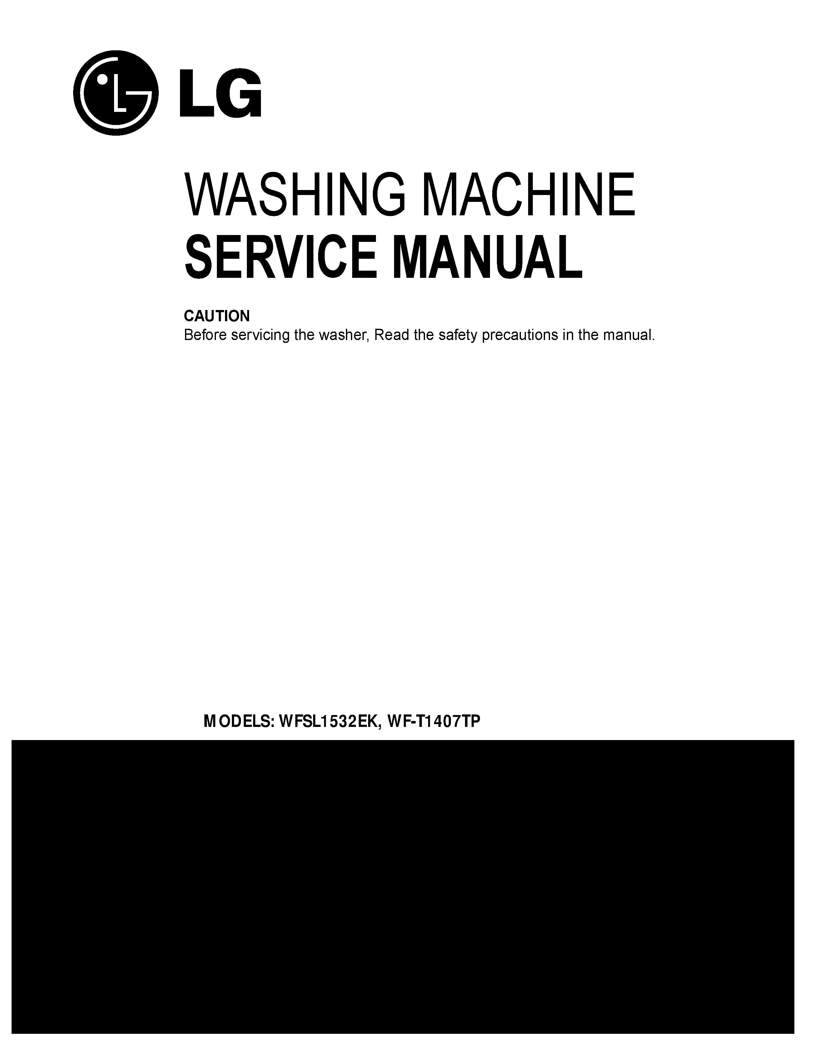 Lg wfsl1532ek service manual cover with LG logo, service website path, washer model codes and service caution notice