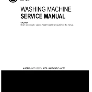 Lg wfsl1632ek service manual cover with LG logo, service website path, washer model codes and service caution notice