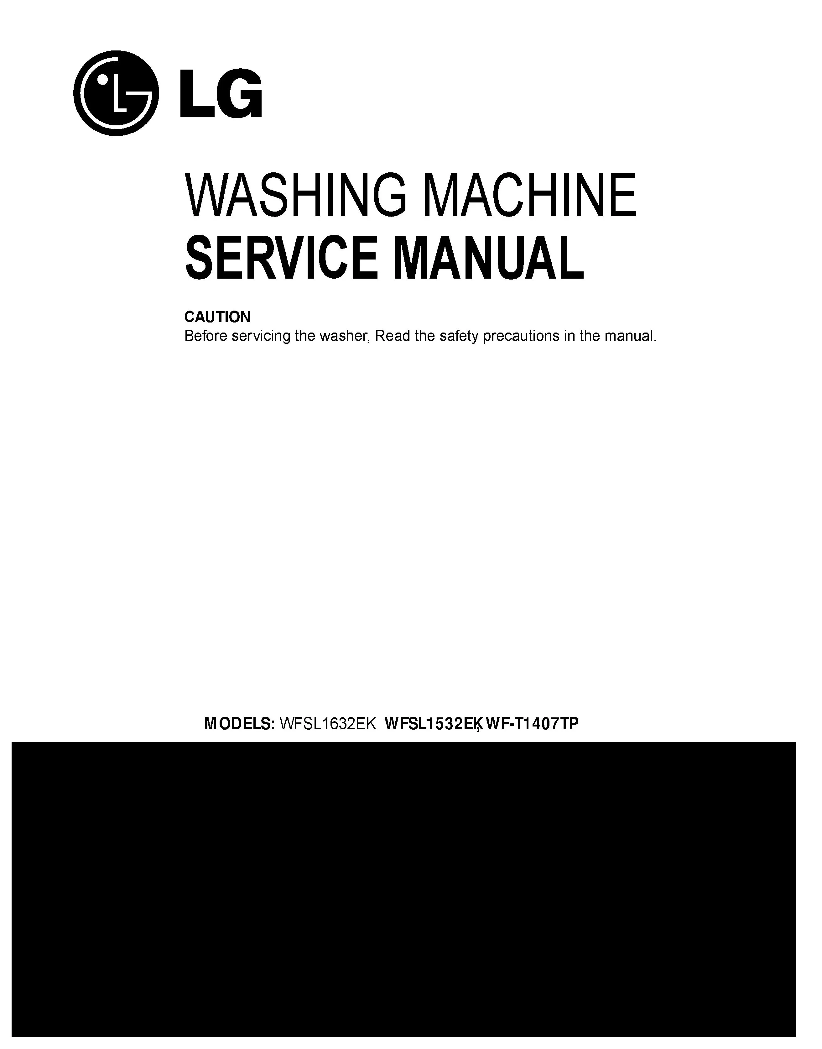 Lg wfsl1632ek service manual cover with LG logo, service website path, washer model codes and service caution notice