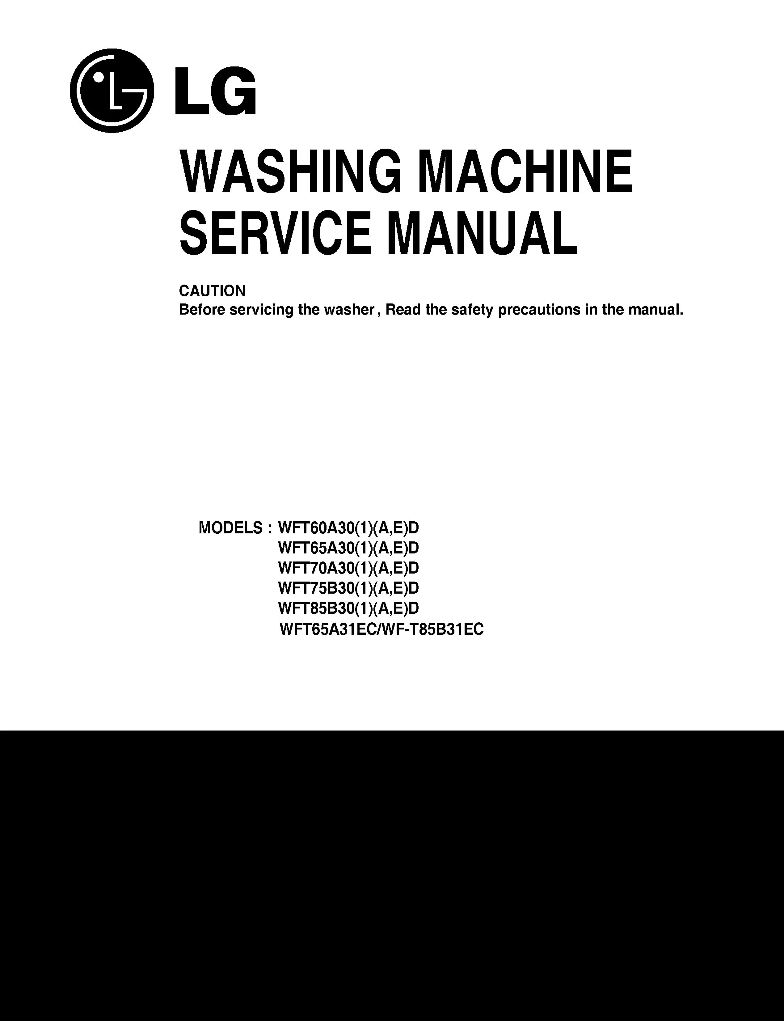 Lg wft65a31ec service manual cover with LG logo, service website path, washer model codes and service caution notice