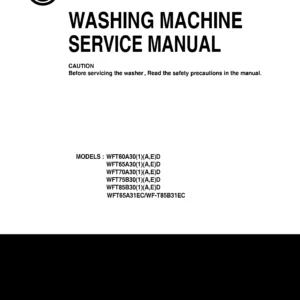 Lg wft65a31ect service manual cover with LG logo, service website path, washer model codes and service caution notice