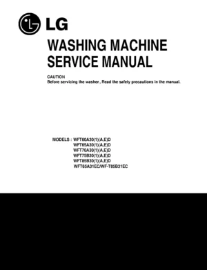 Lg wft65a31ect service manual cover with LG logo, service website path, washer model codes and service caution notice