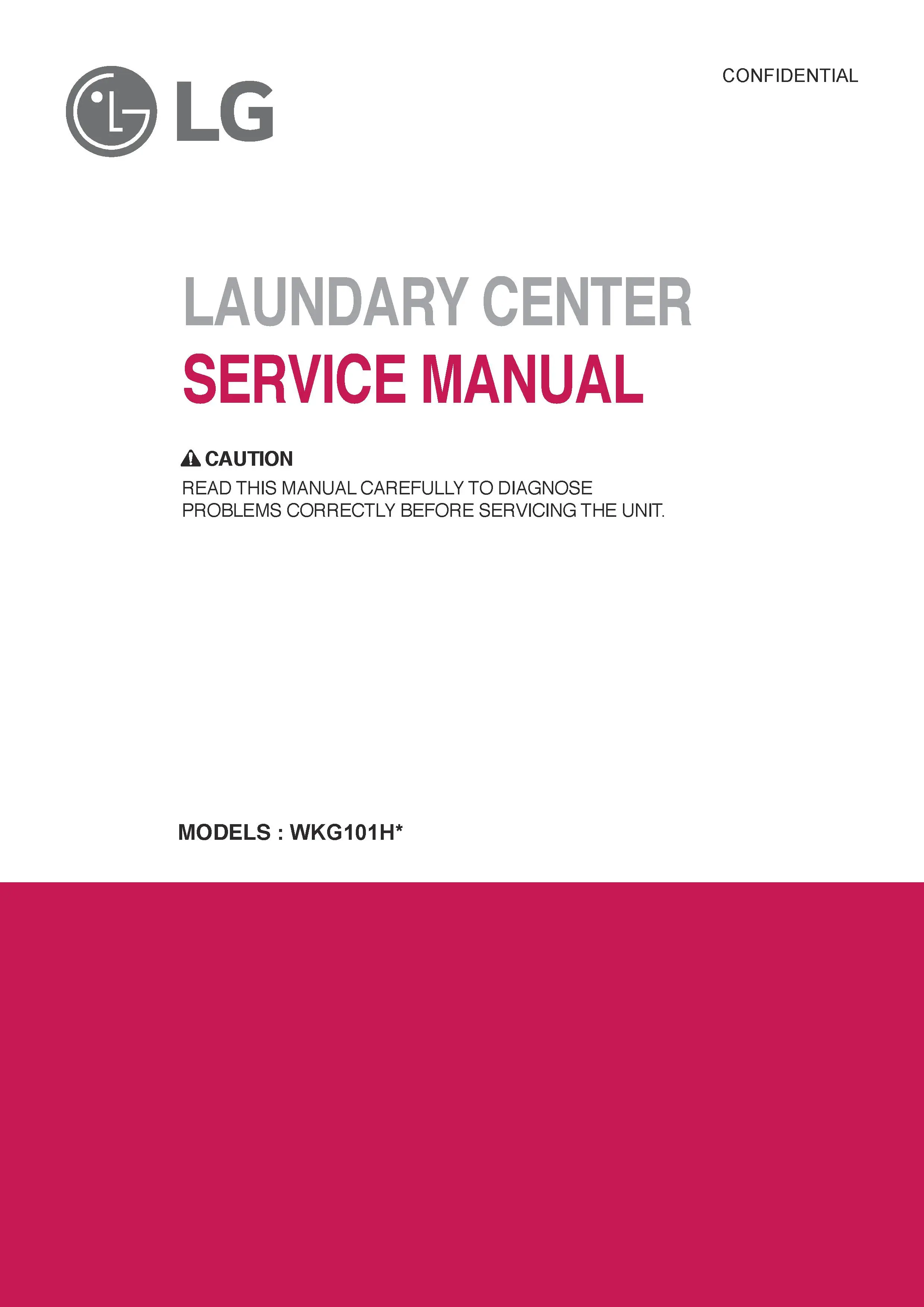 Lg wkg101hva wkg101hwa service manual cover with LG logo, service website path, washer model codes and service caution notice
