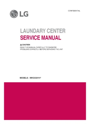 Lg wkgx201hba wkgx201hwa wkgx201hra service manual cover with LG logo, service website path, washer model codes and service caution notice