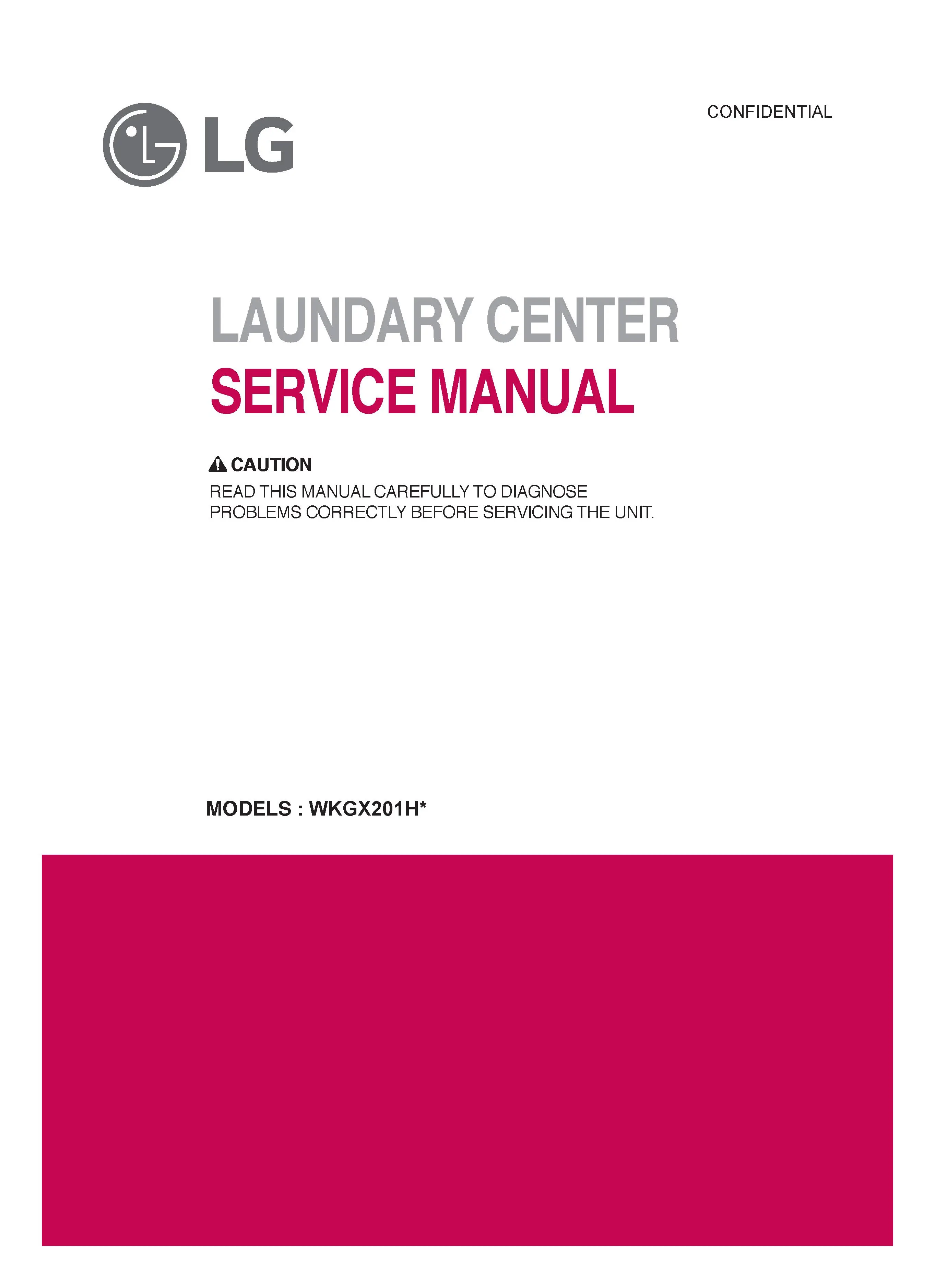 Lg wkgx201hba wkgx201hwa wkgx201hra service manual cover with LG logo, service website path, washer model codes and service caution notice