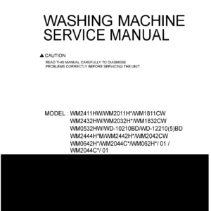 Lg wm0642hw service manual cover with LG logo, service website path, washer model codes and service caution notice