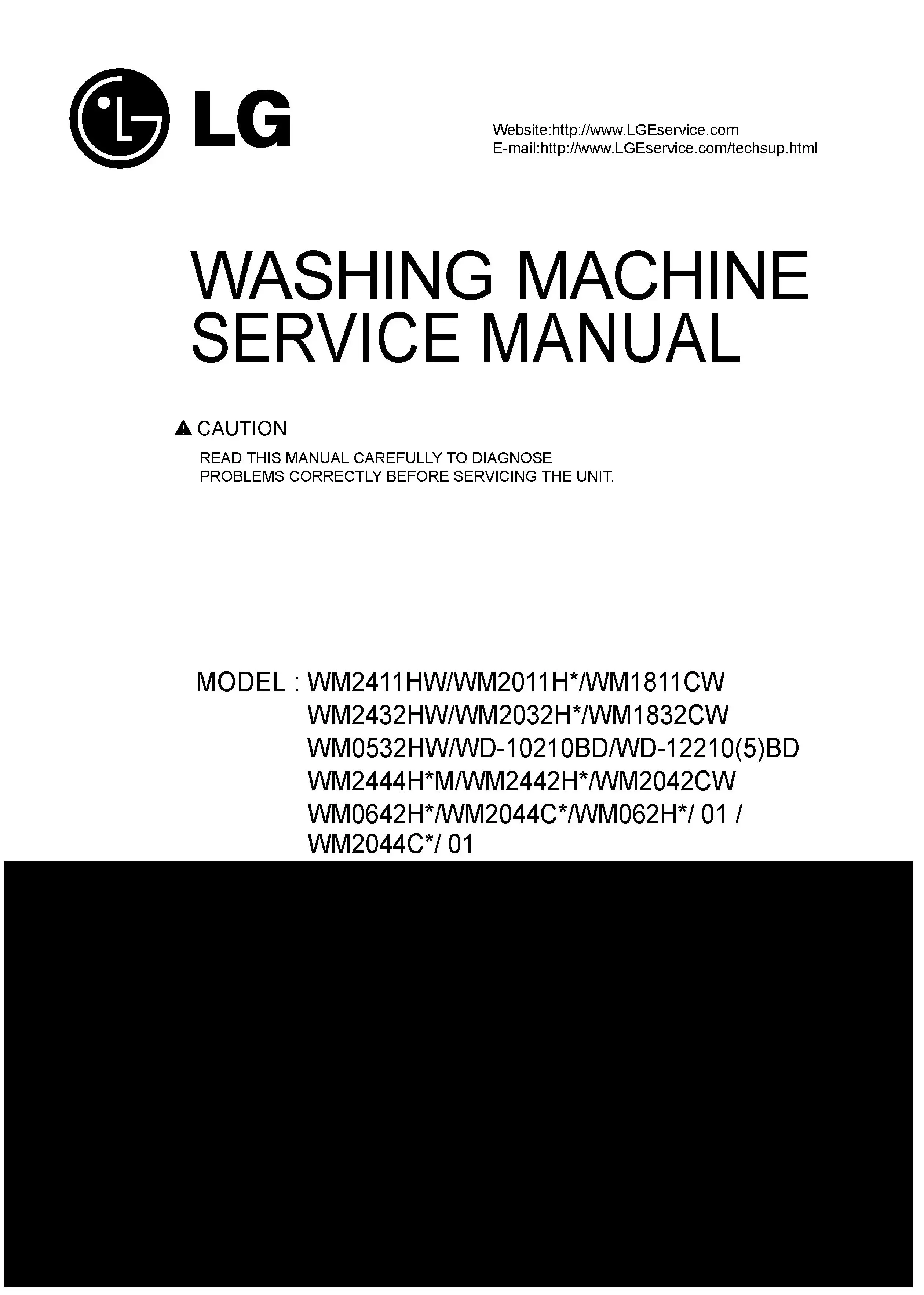 Lg wm0642hw service manual cover with LG logo, service website path, washer model codes and service caution notice