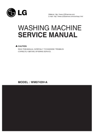 Lg wm0742h wm0742hwa lg wm0742hga service manual cover with LG logo, service website path, washer model codes and service caution notice