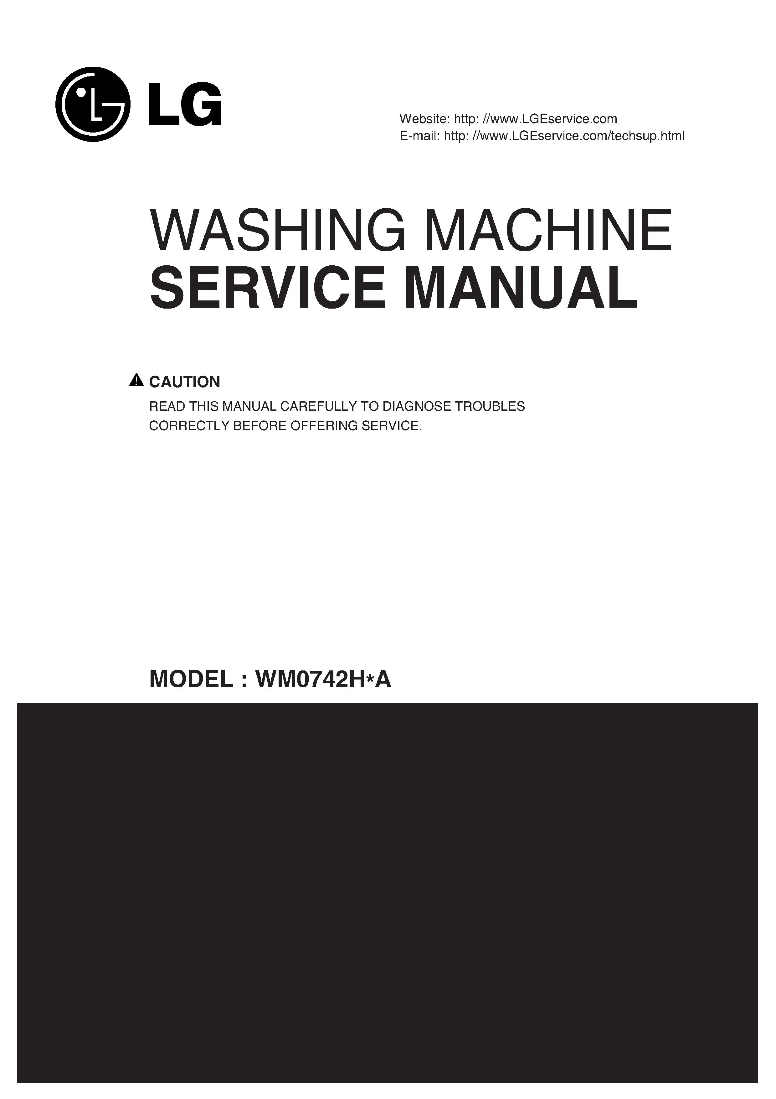 Lg wm0742h wm0742hwa lg wm0742hga service manual cover with LG logo, service website path, washer model codes and service caution notice