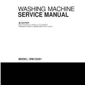 Lg wm1333h wm1333hw service manual cover with LG logo, service website path, washer model codes and service caution notice