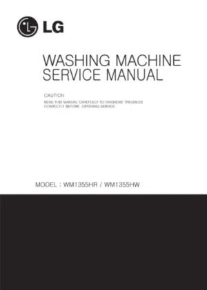Lg wm1355hr wm1355hw service manual cover with LG logo, service website path, washer model codes and service caution notice