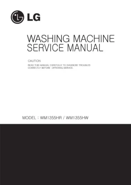 Lg wm1355hr wm1355hw service manual cover with LG logo, service website path, washer model codes and service caution notice