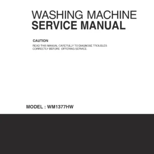 Lg wm1377hw service manual cover with LG logo, service website path, washer model codes and service caution notice