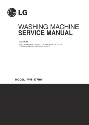 Lg wm1377hw service manual cover with LG logo, service website path, washer model codes and service caution notice