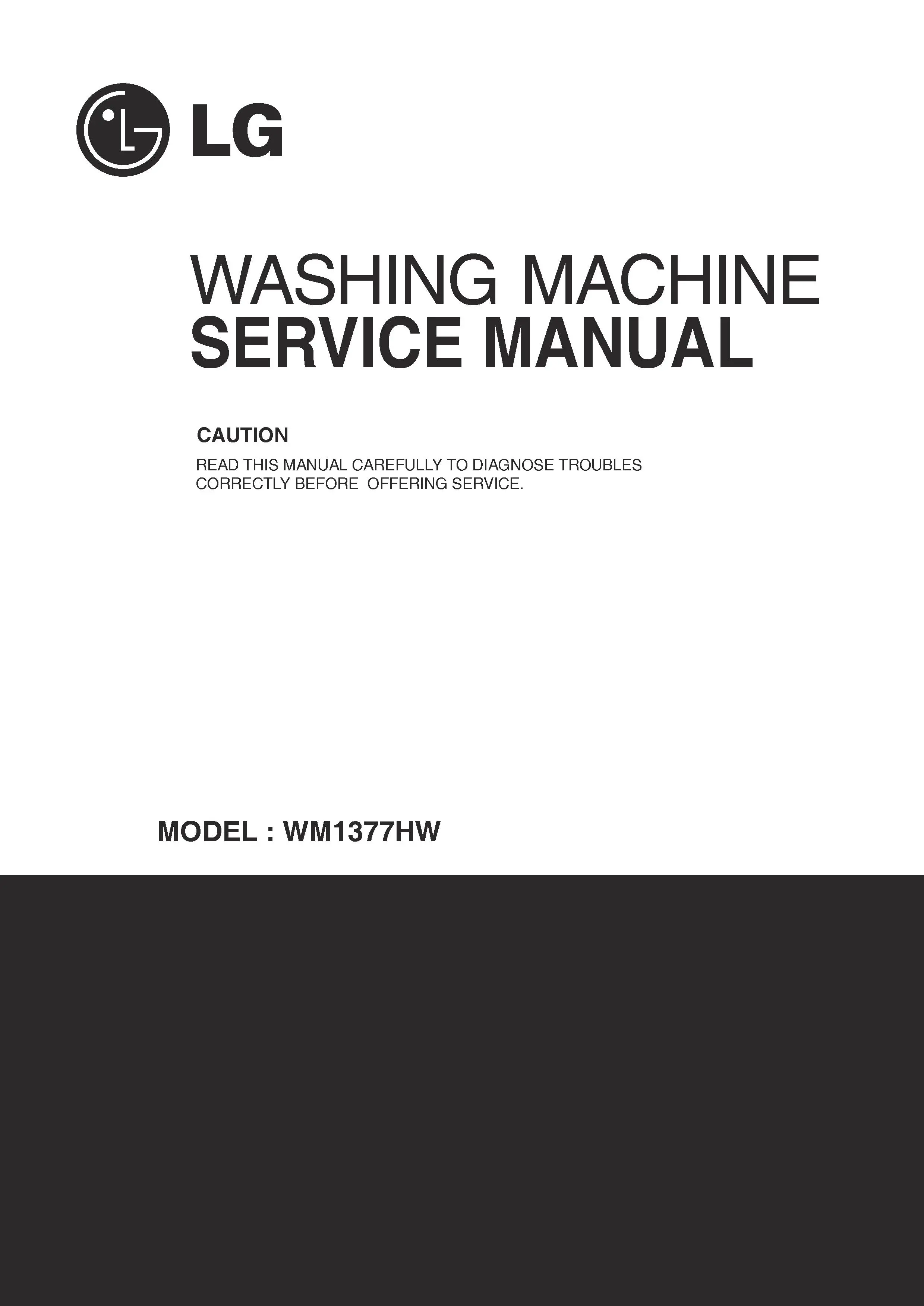 Lg wm1377hw service manual cover with LG logo, service website path, washer model codes and service caution notice