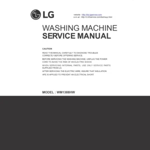 Lg wm1388hw service manual cover with LG logo, service website path, washer model codes and service caution notice