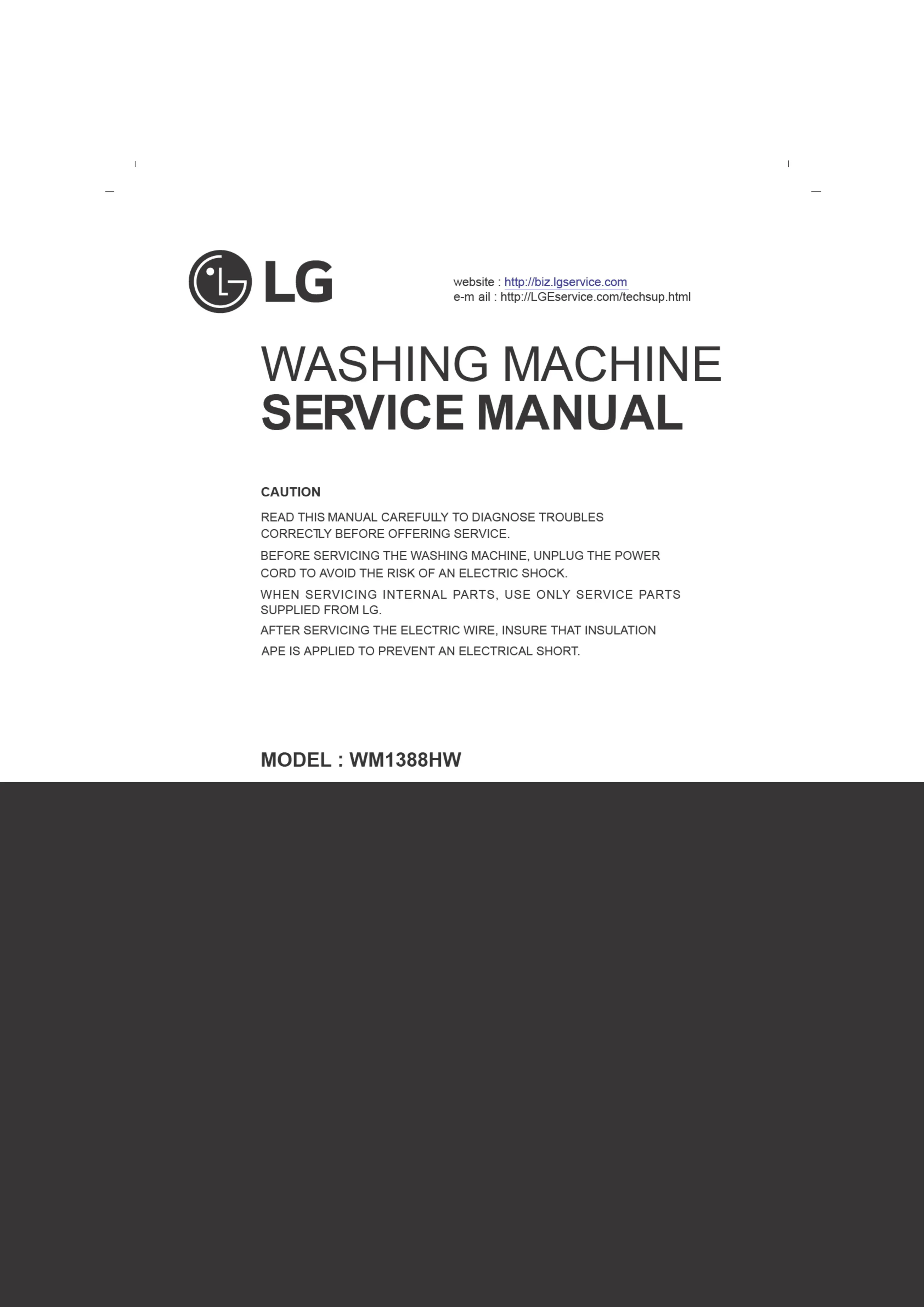 Lg wm1388hw service manual cover with LG logo, service website path, washer model codes and service caution notice