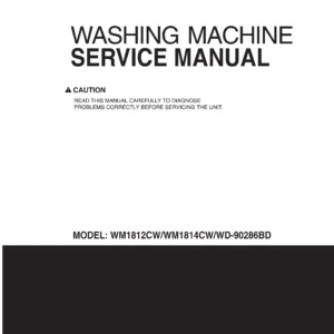 Lg wm1815cs service manual cover with LG logo, service website path, washer model codes and service caution notice