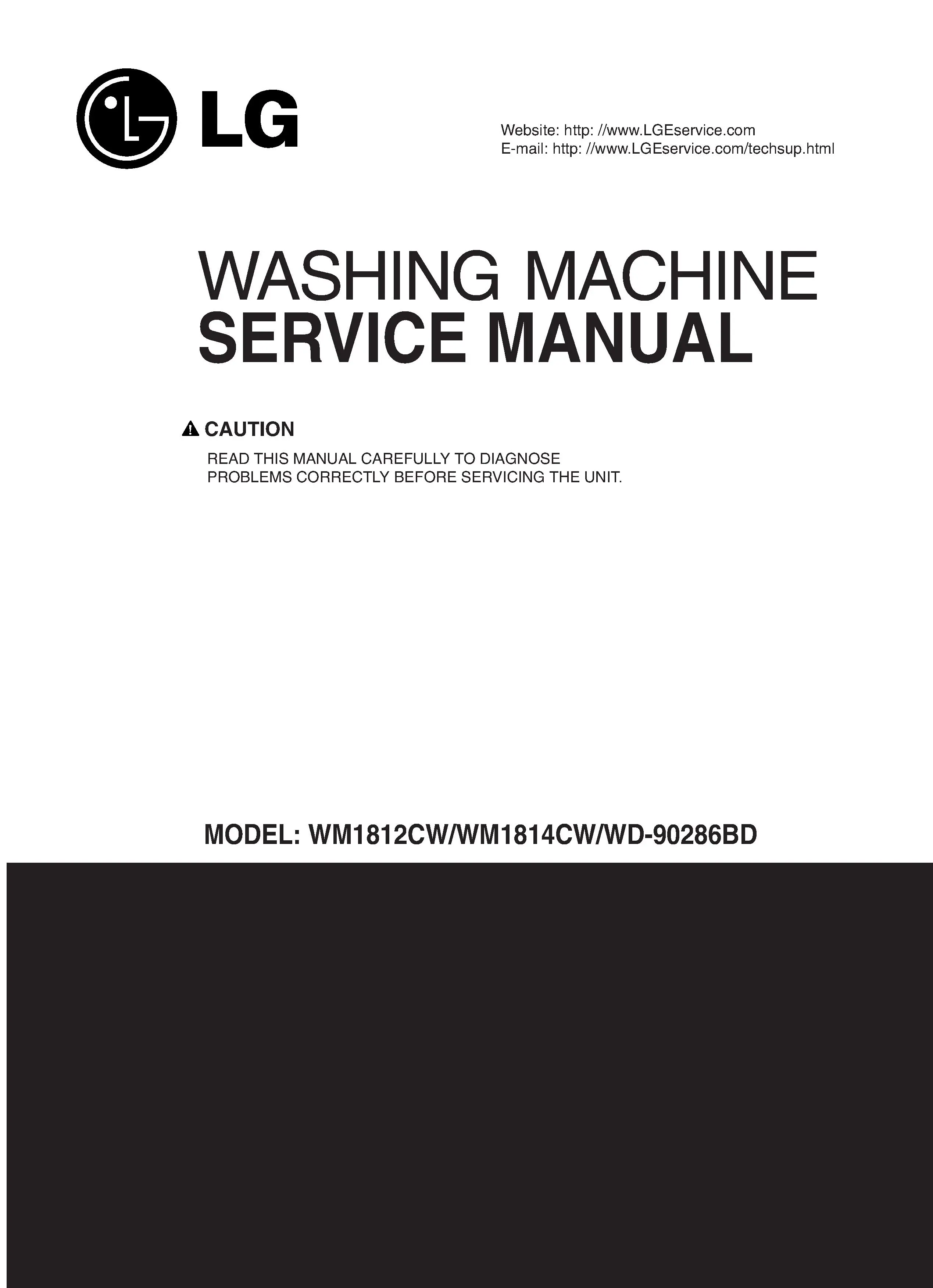 Lg wm1815cs service manual cover with LG logo, service website path, washer model codes and service caution notice