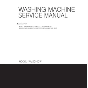 Lg wm2010cw service manual cover with LG logo, service website path, washer model codes and service caution notice
