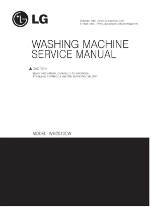 Lg wm2010cw service manual cover with LG logo, service website path, washer model codes and service caution notice
