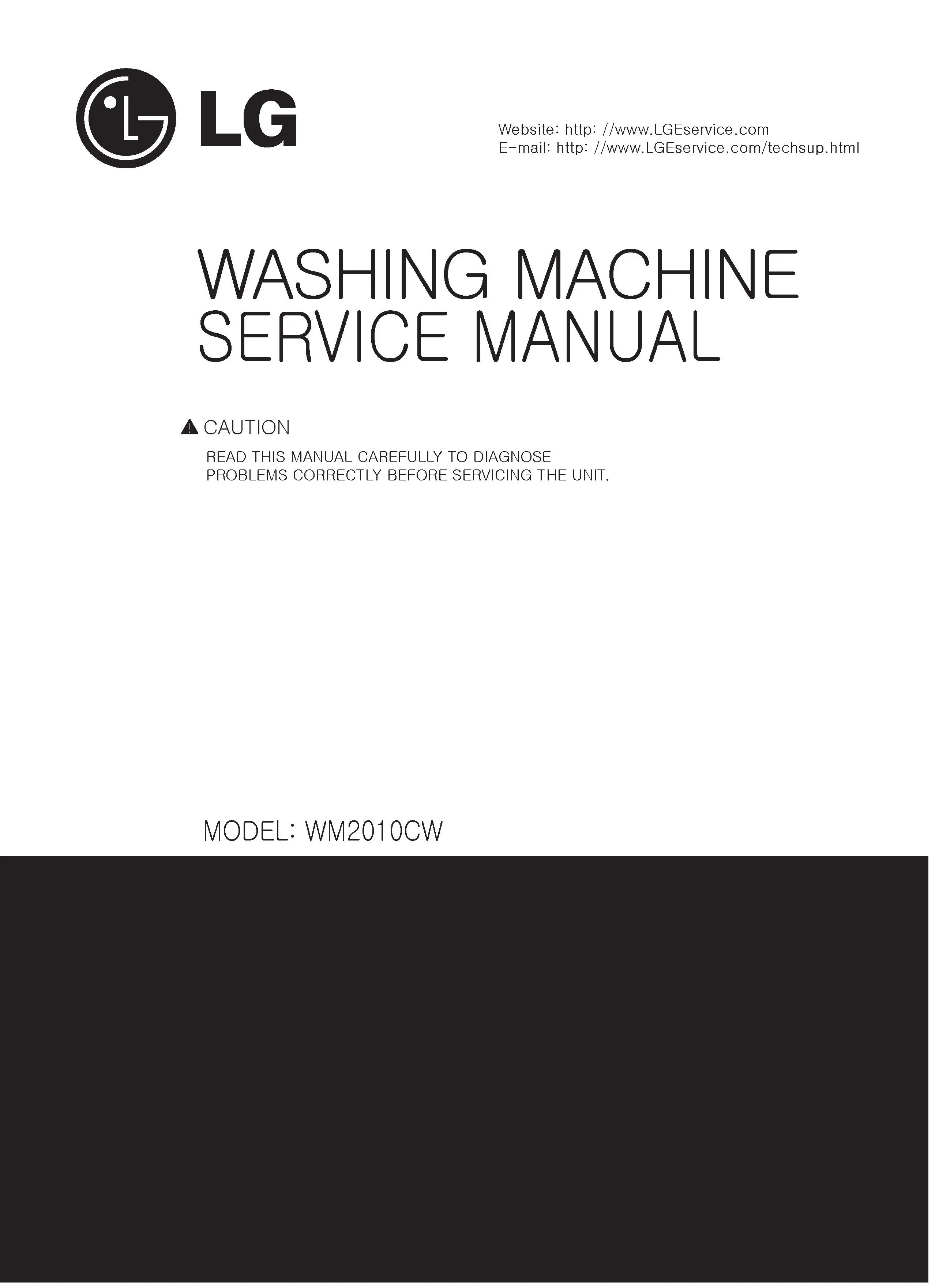 Lg wm2010cw service manual cover with LG logo, service website path, washer model codes and service caution notice