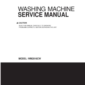 Lg wm2016cw service manual cover with LG logo, service website path, washer model codes and service caution notice