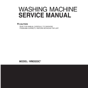 Lg wm2020cw service manual cover with LG logo, service website path, washer model codes and service caution notice